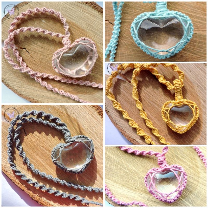 Clear Quartz Heart Macrame Necklace - Pink Cord